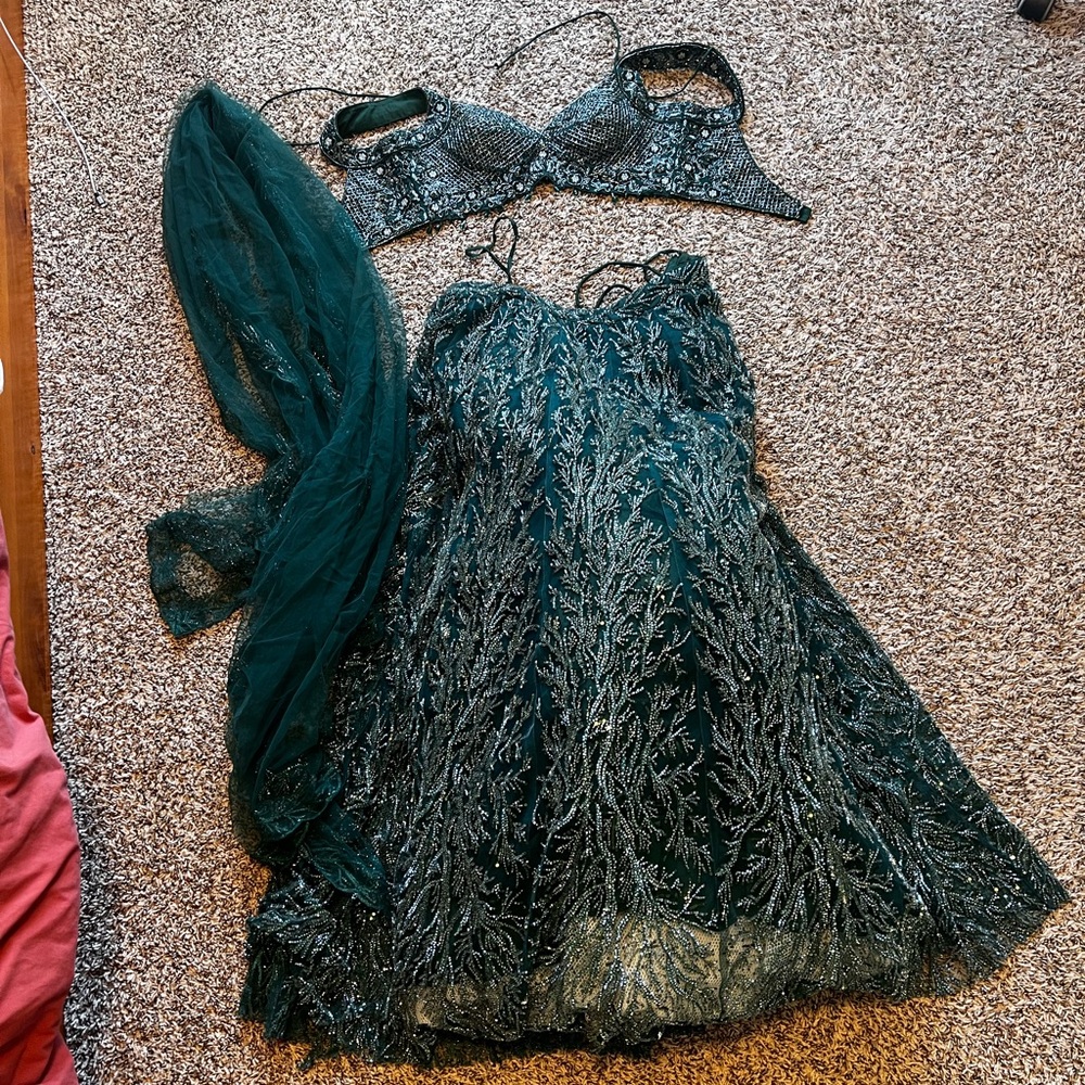 Embellished Dark Green Lehenga Set with Dupatta